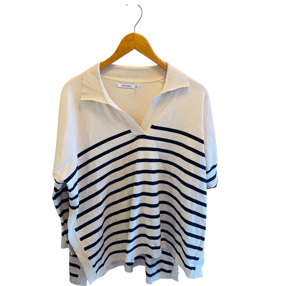 Mersea Striped V-Neck Sweater - Navy and White - Picture 5 of 8